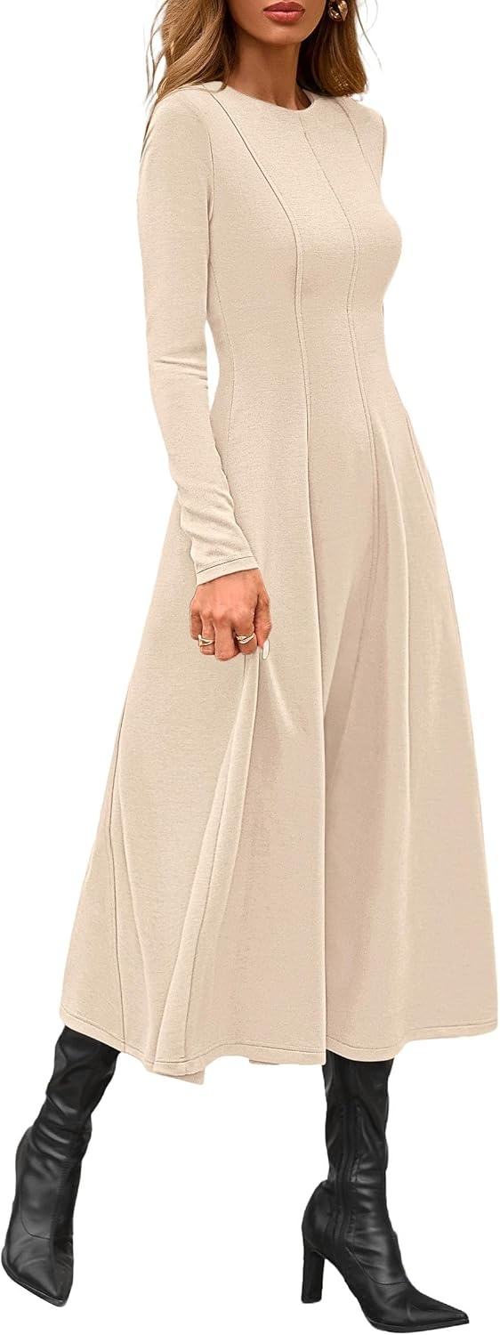 image:imagePRETTYGARDEN Womens Fall Long Sleeve A Line Midi Elegant Cocktail DressBeige