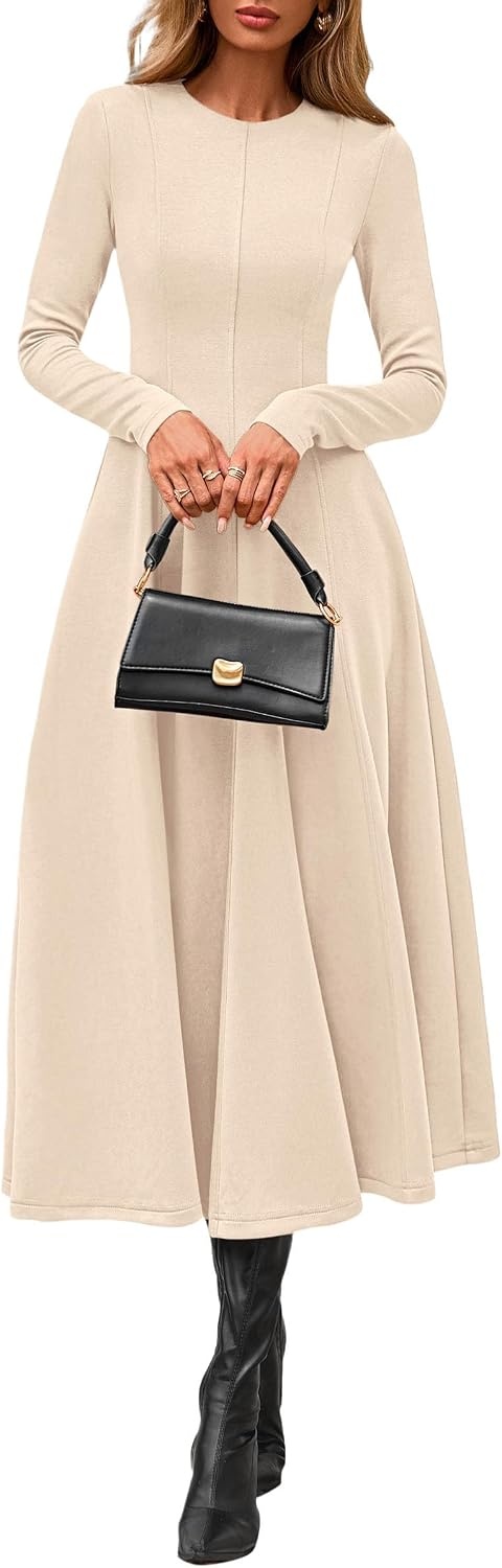 image:imagePRETTYGARDEN Womens Fall Long Sleeve A Line Midi Elegant Cocktail DressBeige