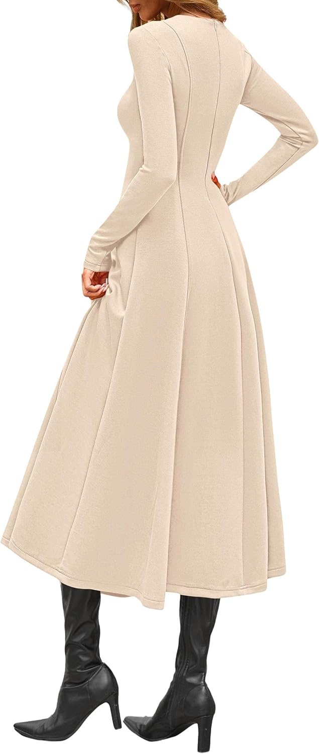 image:imagePRETTYGARDEN Womens Fall Long Sleeve A Line Midi Elegant Cocktail DressBeige