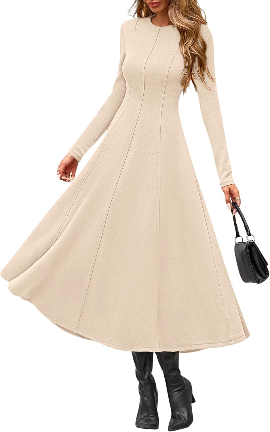 image:imagePRETTYGARDEN Womens Fall Long Sleeve A Line Midi Elegant Cocktail DressBeige