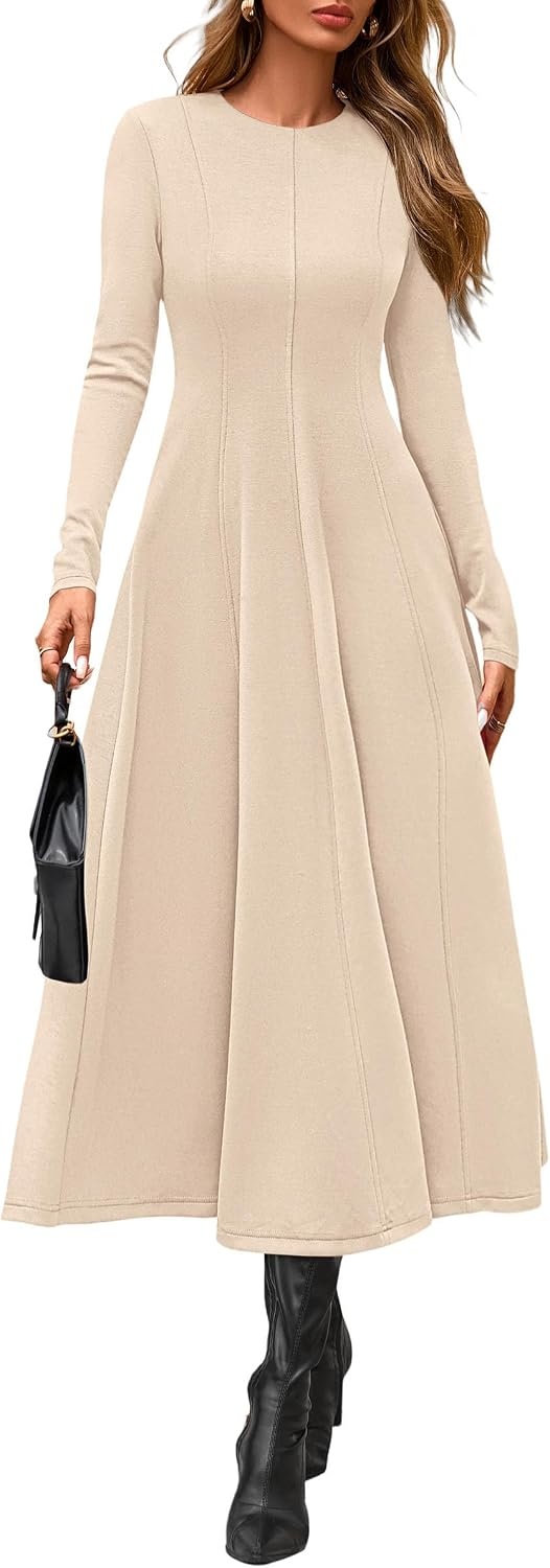 image:imagePRETTYGARDEN Womens Fall Long Sleeve A Line Midi Elegant Cocktail DressBeige