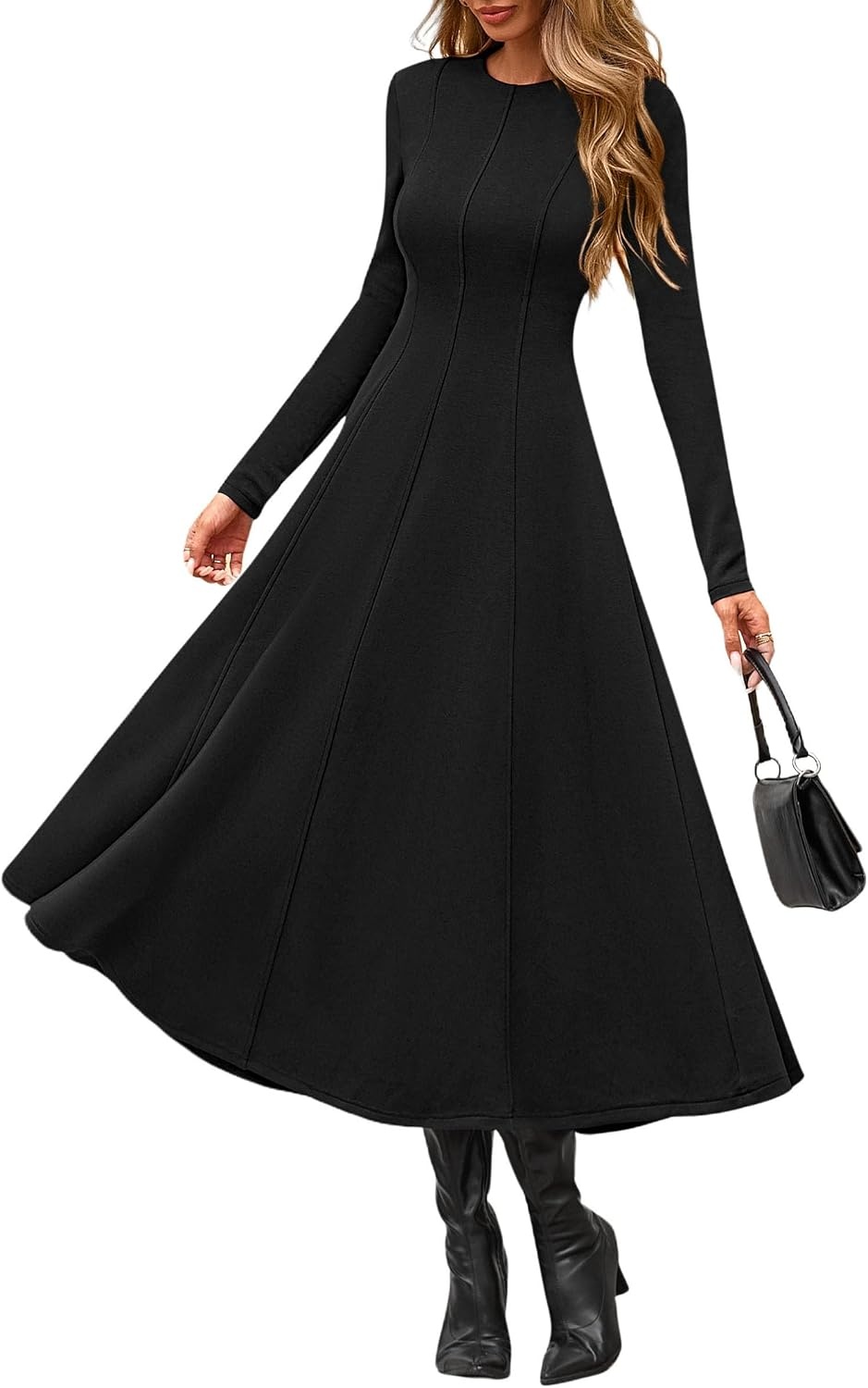 image:imagePRETTYGARDEN Womens Fall Long Sleeve A Line Midi Elegant Cocktail DressBlack