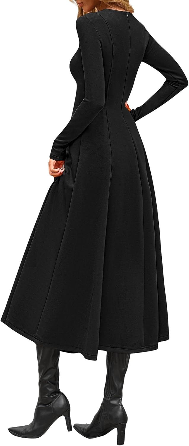 image:imagePRETTYGARDEN Womens Fall Long Sleeve A Line Midi Elegant Cocktail DressBlack