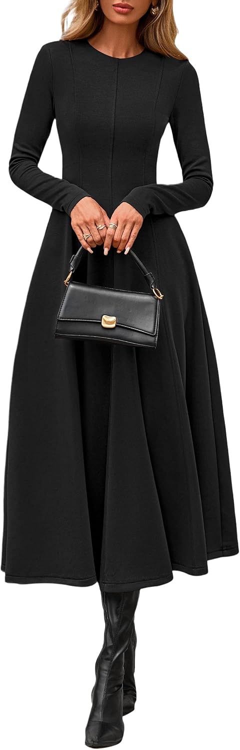 image:imagePRETTYGARDEN Womens Fall Long Sleeve A Line Midi Elegant Cocktail DressBlack