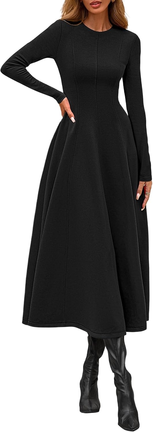 image:imagePRETTYGARDEN Womens Fall Long Sleeve A Line Midi Elegant Cocktail DressBlack