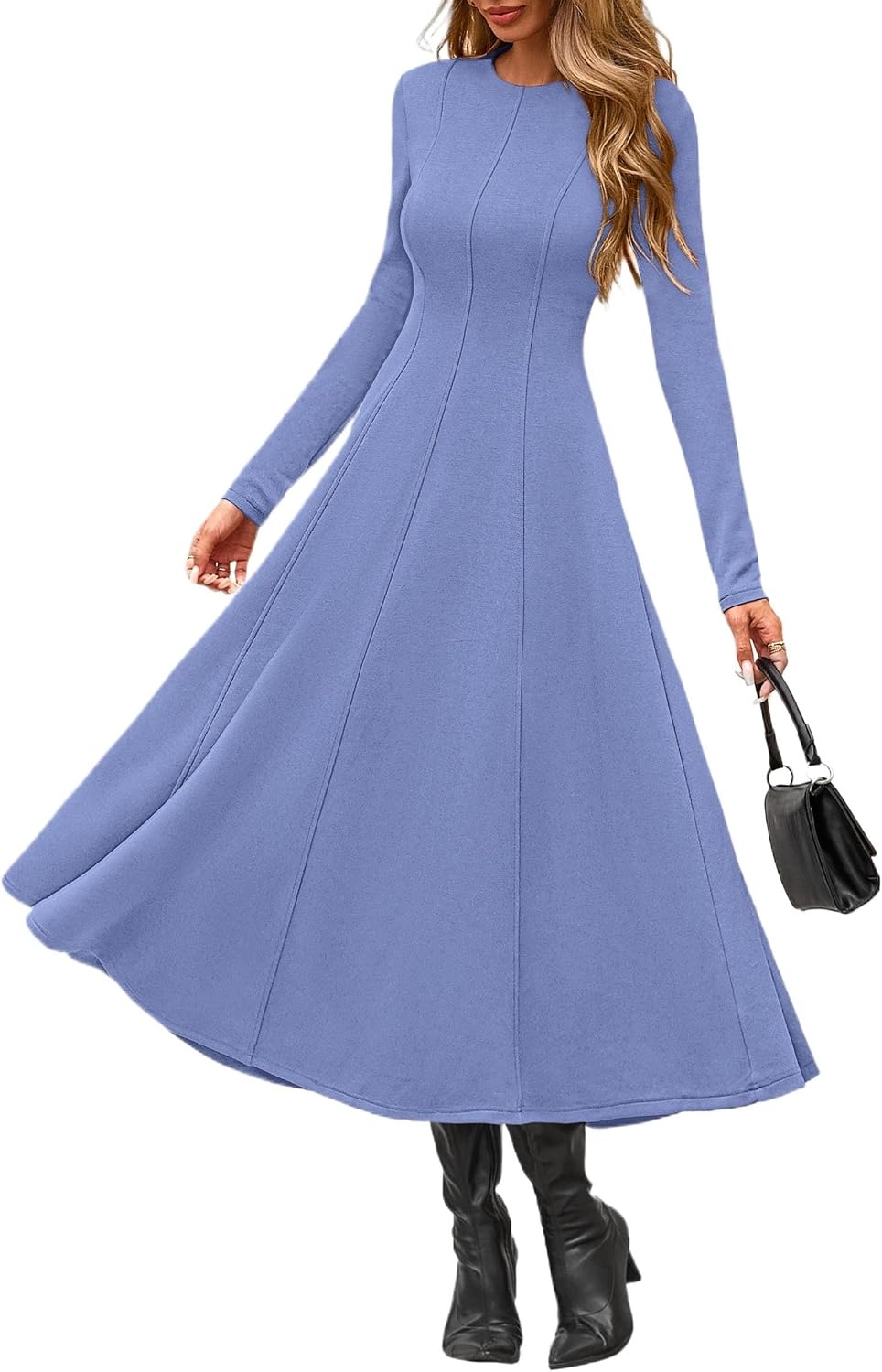 image:imagePRETTYGARDEN Womens Fall Long Sleeve A Line Midi Elegant Cocktail DressBlue