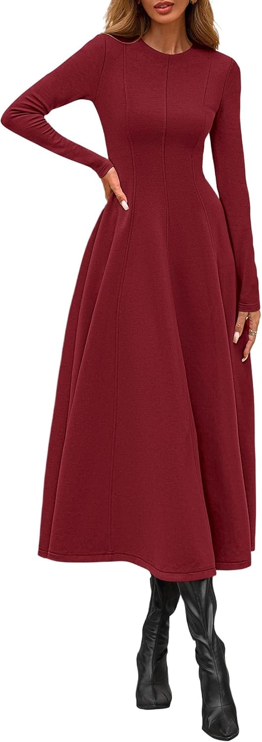 image:imagePRETTYGARDEN Womens Fall Long Sleeve A Line Midi Elegant Cocktail DressBurgundy