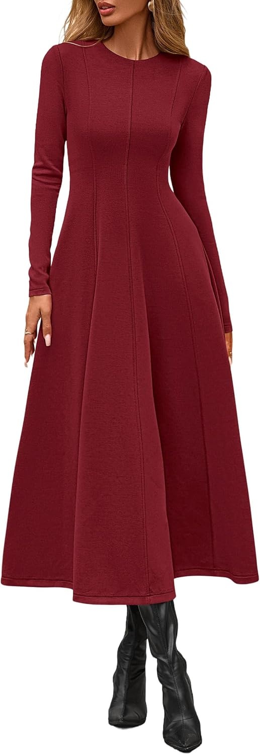 image:imagePRETTYGARDEN Womens Fall Long Sleeve A Line Midi Elegant Cocktail DressBurgundy