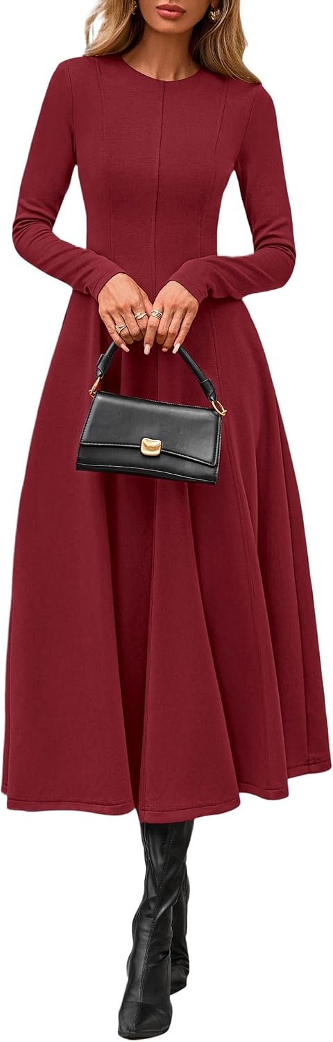 image:imagePRETTYGARDEN Womens Fall Long Sleeve A Line Midi Elegant Cocktail DressBurgundy