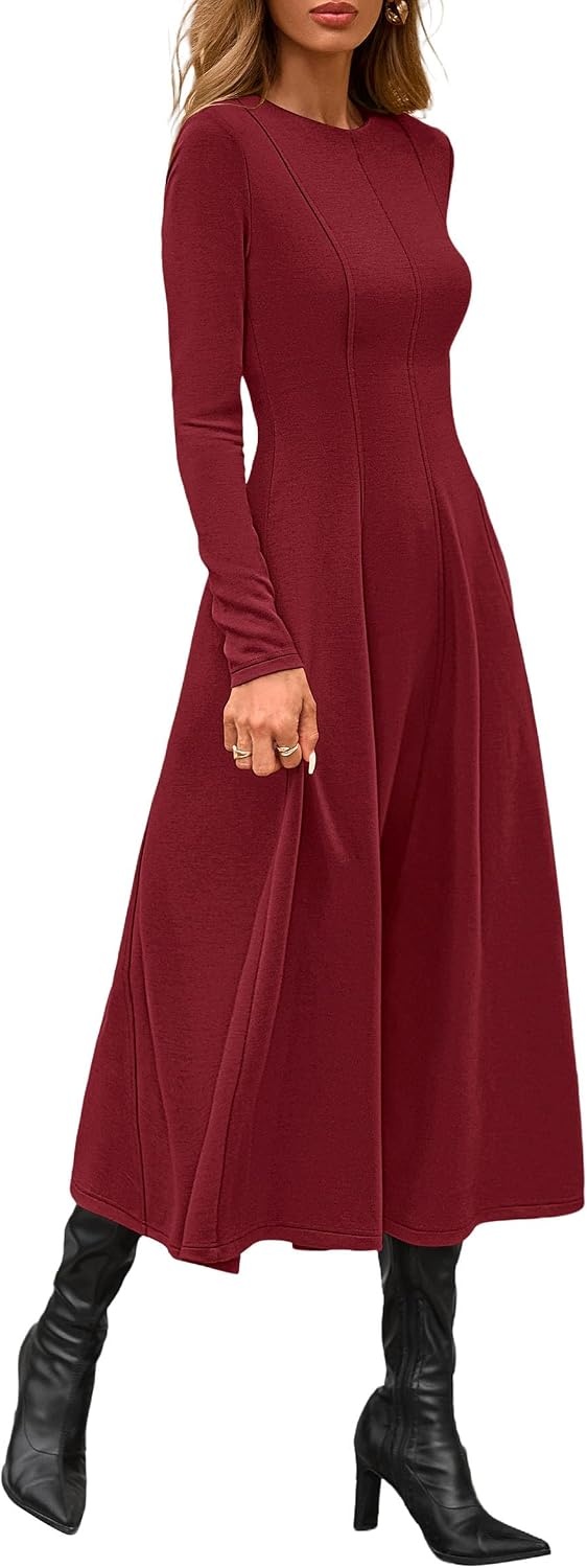 image:imagePRETTYGARDEN Womens Fall Long Sleeve A Line Midi Elegant Cocktail DressBurgundy