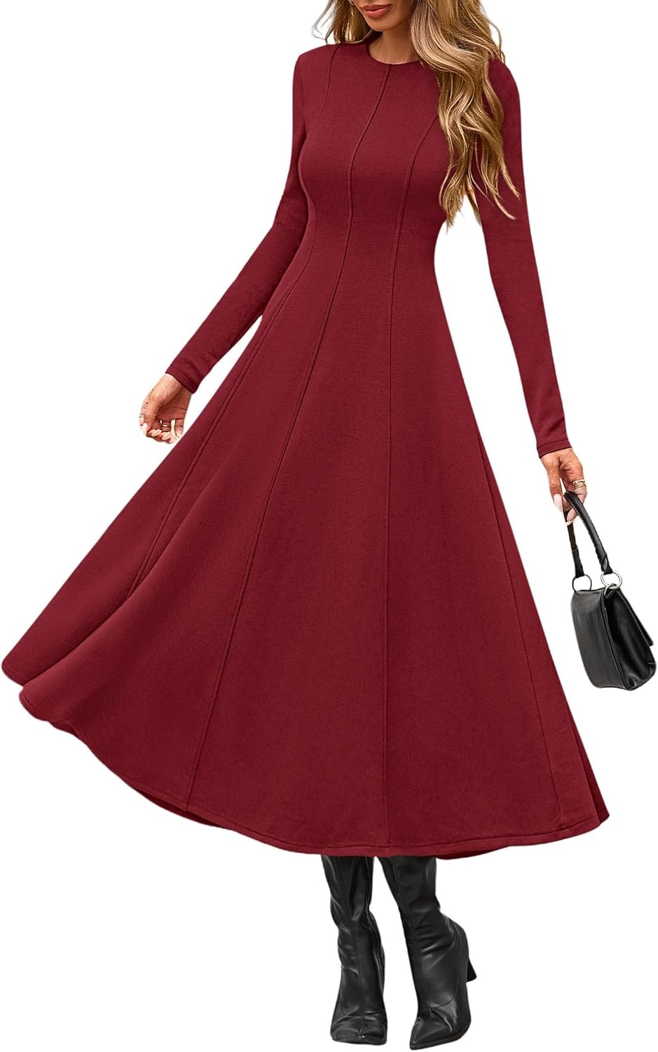 image:imagePRETTYGARDEN Womens Fall Long Sleeve A Line Midi Elegant Cocktail DressBurgundy