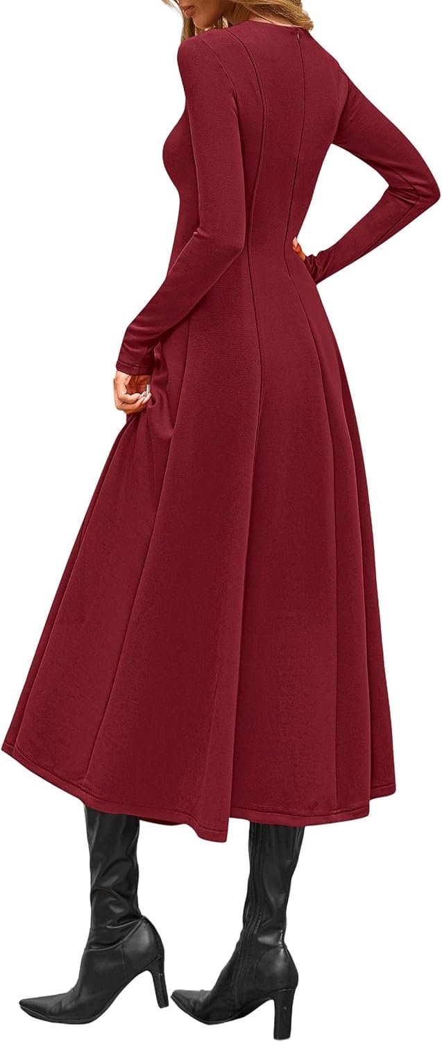 image:imagePRETTYGARDEN Womens Fall Long Sleeve A Line Midi Elegant Cocktail DressBurgundy