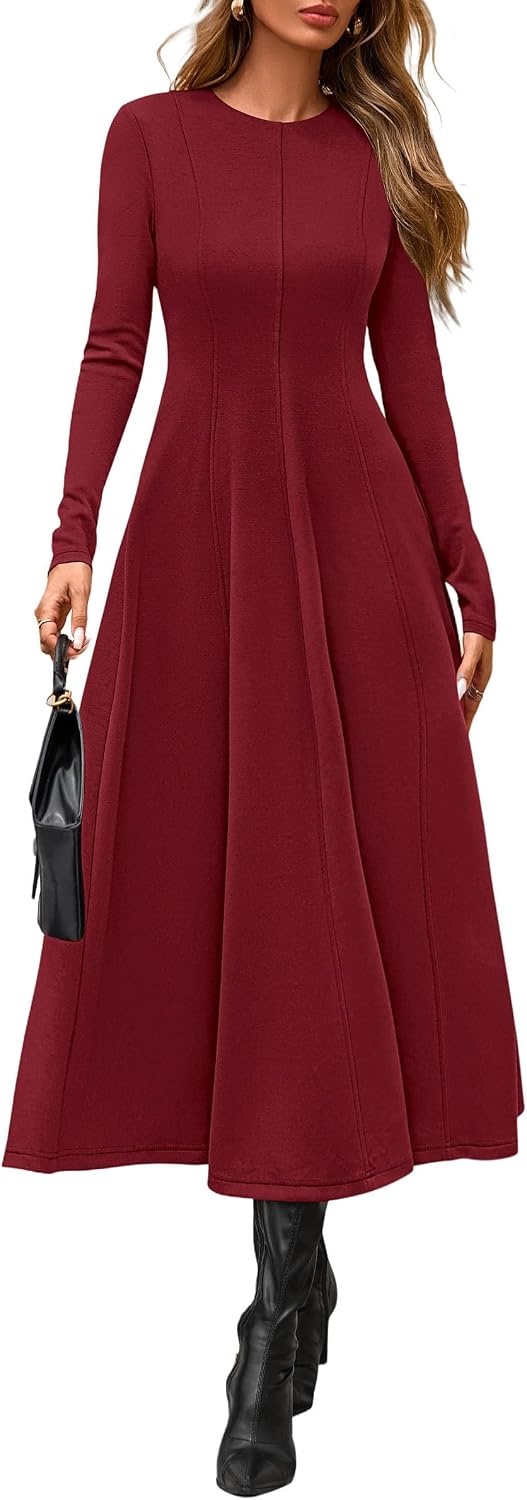 image:imagePRETTYGARDEN Womens Fall Long Sleeve A Line Midi Elegant Cocktail DressBurgundy