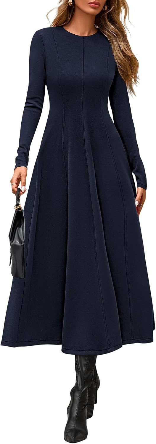 image:imagePRETTYGARDEN Womens Fall Long Sleeve A Line Midi Elegant Cocktail DressDark Blue