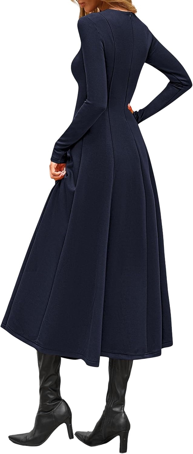image:imagePRETTYGARDEN Womens Fall Long Sleeve A Line Midi Elegant Cocktail DressDark Blue