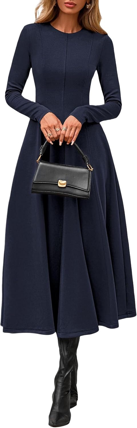 image:imagePRETTYGARDEN Womens Fall Long Sleeve A Line Midi Elegant Cocktail DressDark Blue