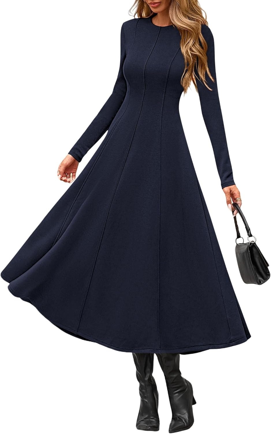 image:imagePRETTYGARDEN Womens Fall Long Sleeve A Line Midi Elegant Cocktail DressDark Blue