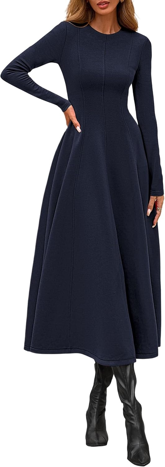 image:imagePRETTYGARDEN Womens Fall Long Sleeve A Line Midi Elegant Cocktail DressDark Blue