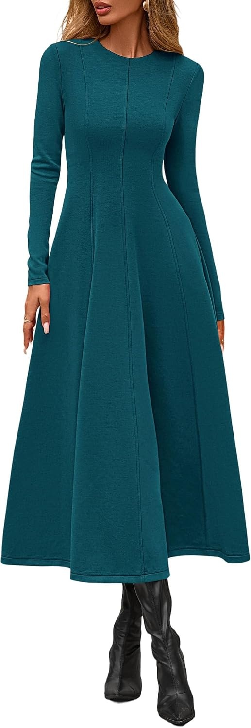image:imagePRETTYGARDEN Womens Fall Long Sleeve A Line Midi Elegant Cocktail DressDark Cyan