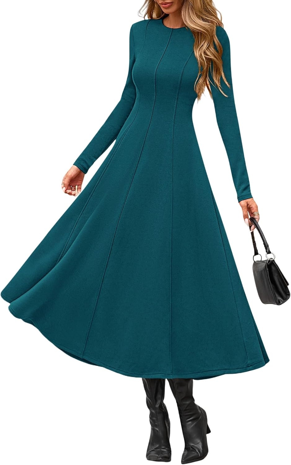 image:imagePRETTYGARDEN Womens Fall Long Sleeve A Line Midi Elegant Cocktail DressDark Cyan