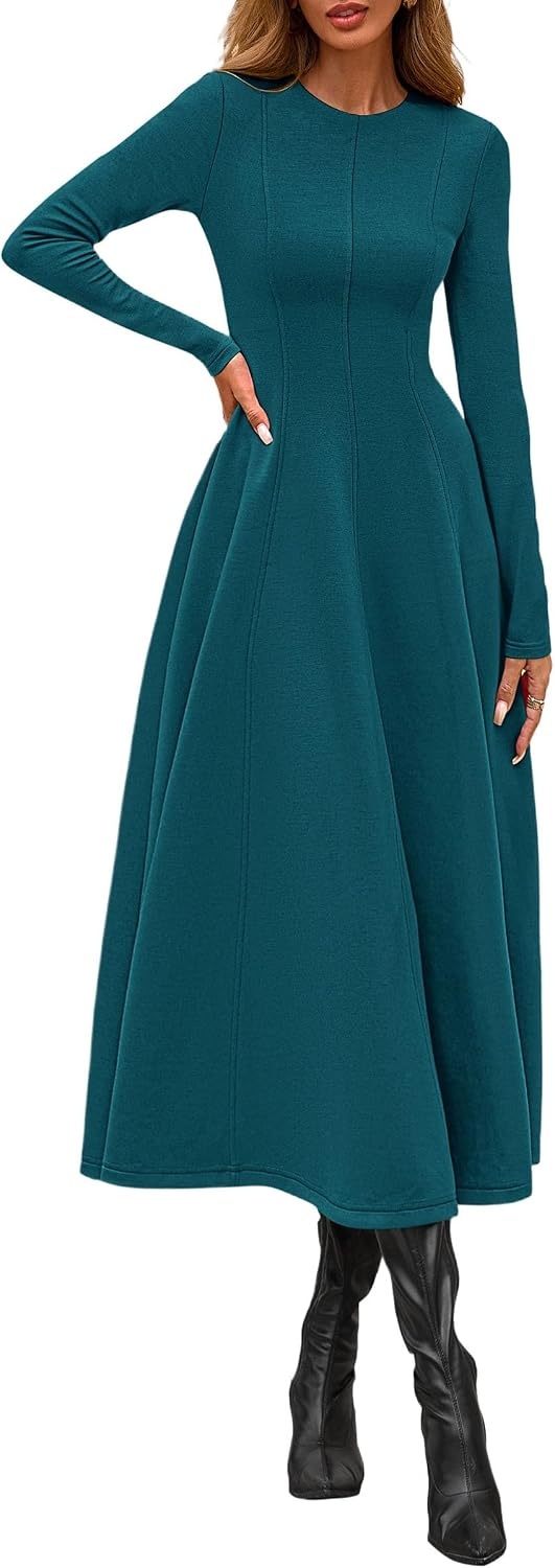 image:imagePRETTYGARDEN Womens Fall Long Sleeve A Line Midi Elegant Cocktail DressDark Cyan