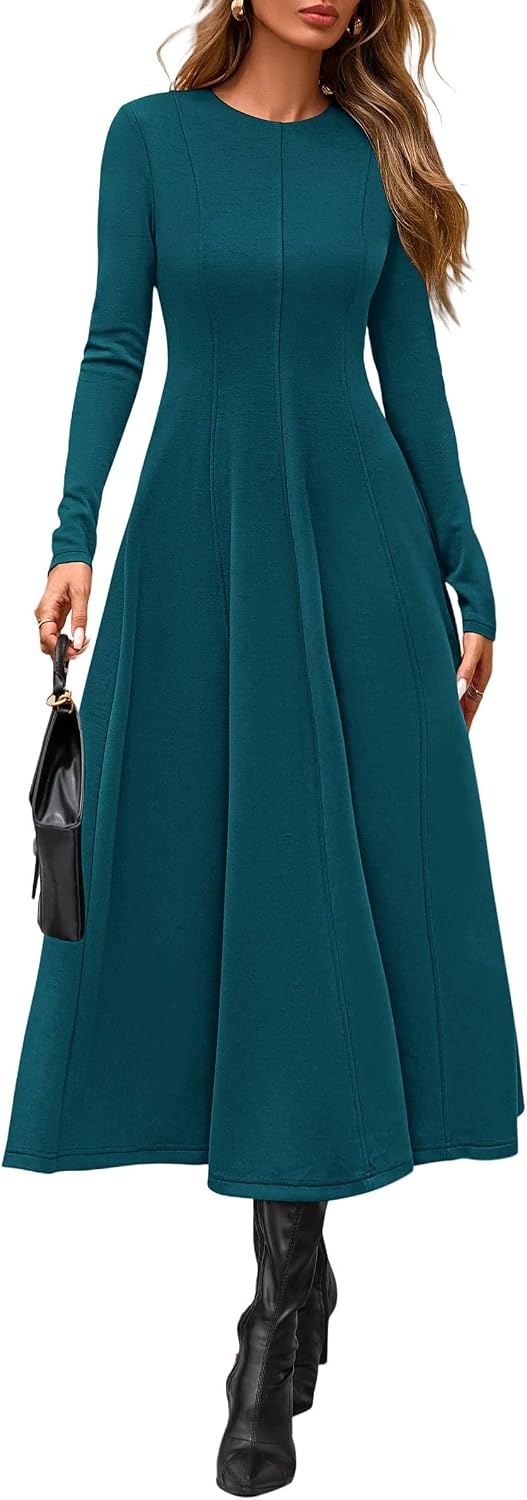 image:imagePRETTYGARDEN Womens Fall Long Sleeve A Line Midi Elegant Cocktail DressDark Cyan