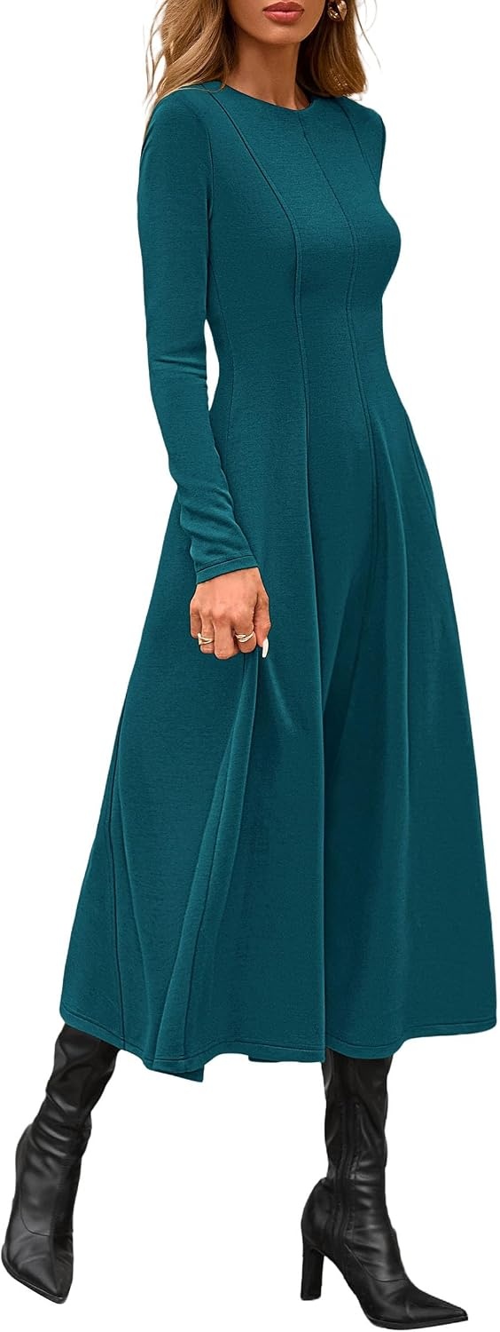 image:imagePRETTYGARDEN Womens Fall Long Sleeve A Line Midi Elegant Cocktail DressDark Cyan