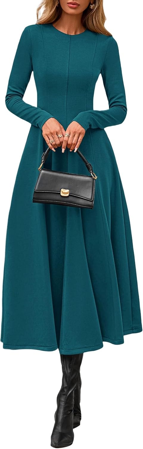 image:imagePRETTYGARDEN Womens Fall Long Sleeve A Line Midi Elegant Cocktail DressDark Cyan