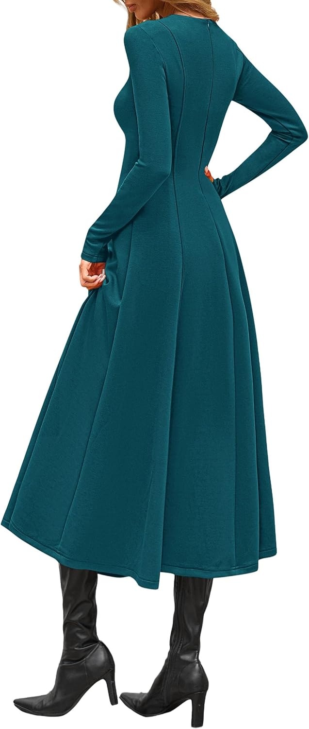 image:imagePRETTYGARDEN Womens Fall Long Sleeve A Line Midi Elegant Cocktail DressDark Cyan