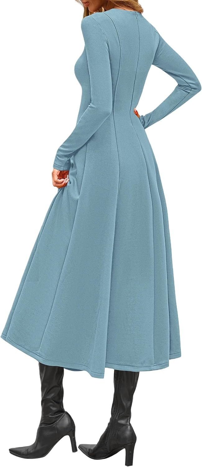 image:imagePRETTYGARDEN Womens Fall Long Sleeve A Line Midi Elegant Cocktail DressGrey Green