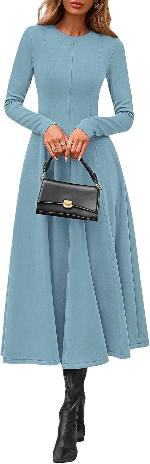 image:imagePRETTYGARDEN Womens Fall Long Sleeve A Line Midi Elegant Cocktail DressGrey Green