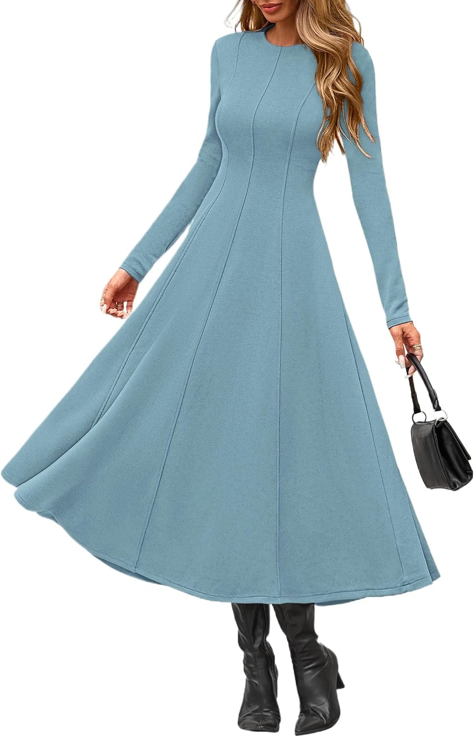 image:imagePRETTYGARDEN Womens Fall Long Sleeve A Line Midi Elegant Cocktail DressGrey Green