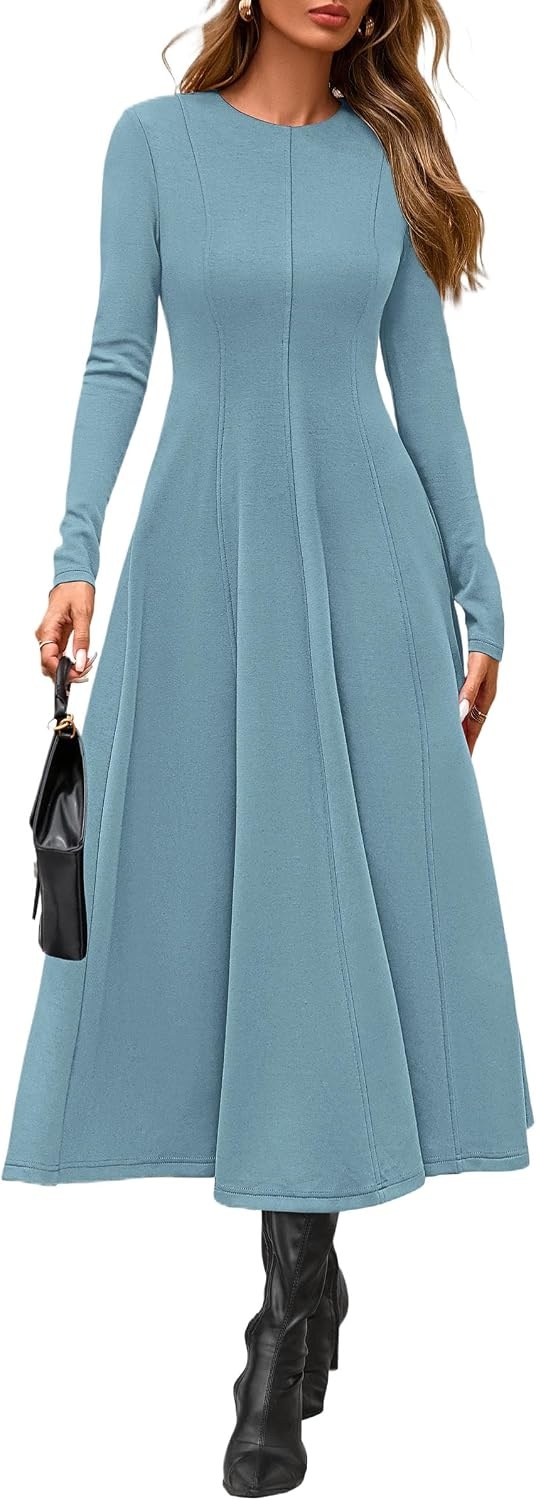 image:imagePRETTYGARDEN Womens Fall Long Sleeve A Line Midi Elegant Cocktail DressGrey Green