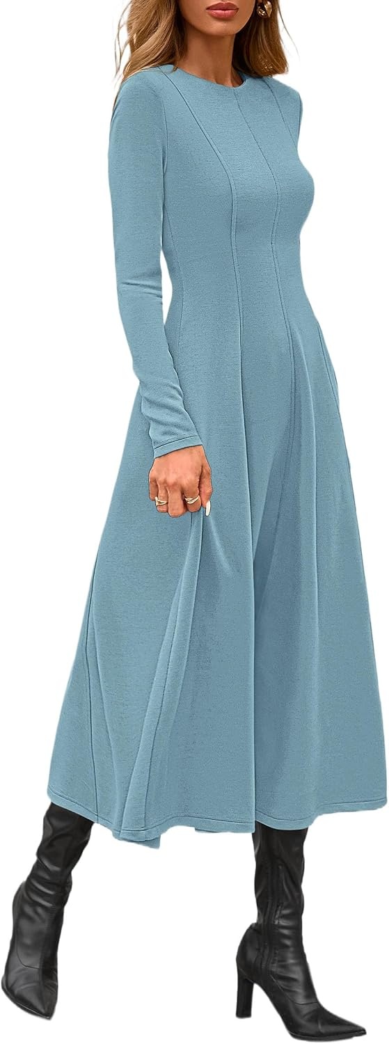 image:imagePRETTYGARDEN Womens Fall Long Sleeve A Line Midi Elegant Cocktail DressGrey Green