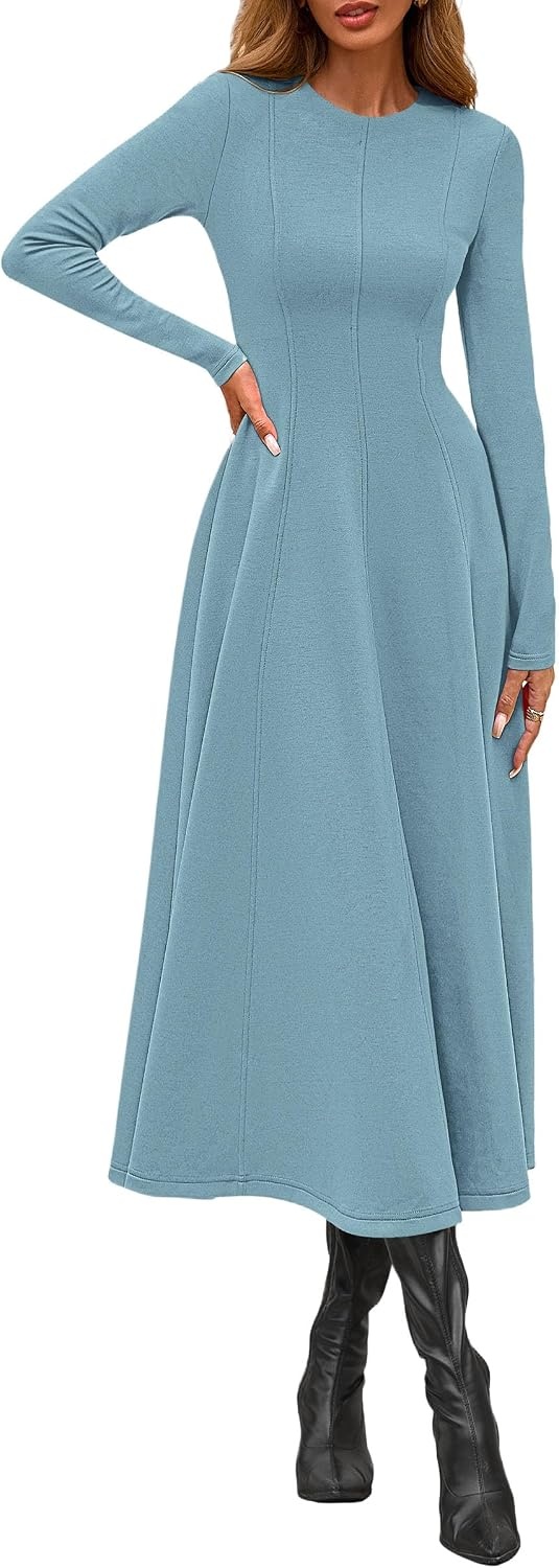 image:imagePRETTYGARDEN Womens Fall Long Sleeve A Line Midi Elegant Cocktail DressGrey Green