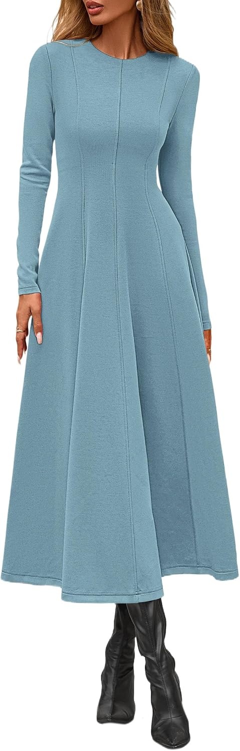 image:imagePRETTYGARDEN Womens Fall Long Sleeve A Line Midi Elegant Cocktail DressGrey Green