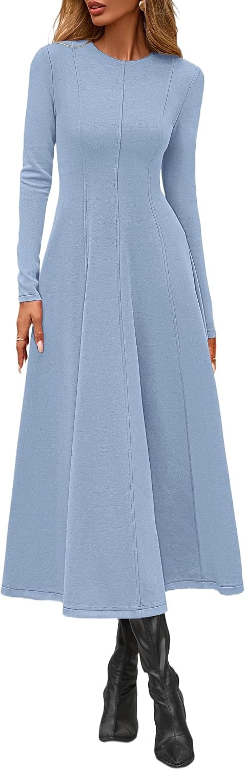 image:imagePRETTYGARDEN Womens Fall Long Sleeve A Line Midi Elegant Cocktail DressLight Blue
