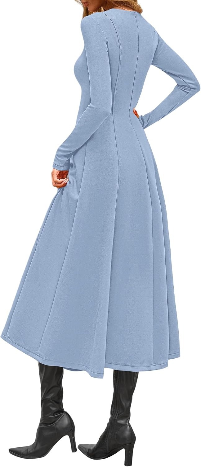 image:imagePRETTYGARDEN Womens Fall Long Sleeve A Line Midi Elegant Cocktail DressLight Blue