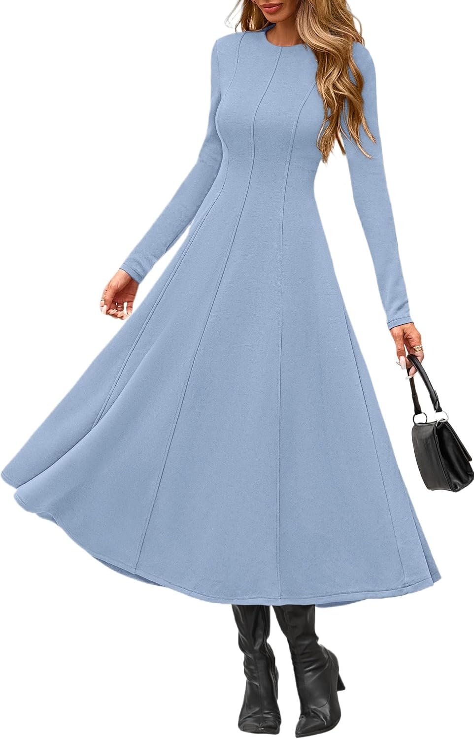 image:imagePRETTYGARDEN Womens Fall Long Sleeve A Line Midi Elegant Cocktail DressLight Blue