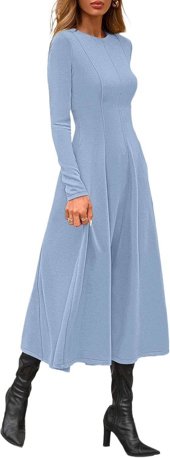 image:imagePRETTYGARDEN Womens Fall Long Sleeve A Line Midi Elegant Cocktail DressLight Blue
