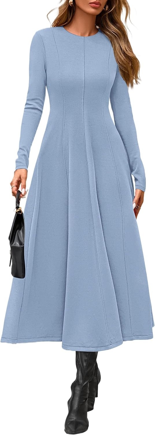 image:imagePRETTYGARDEN Womens Fall Long Sleeve A Line Midi Elegant Cocktail DressLight Blue