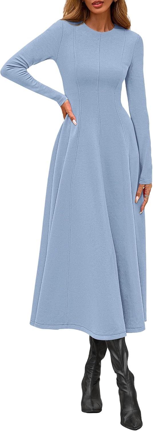image:imagePRETTYGARDEN Womens Fall Long Sleeve A Line Midi Elegant Cocktail DressLight Blue