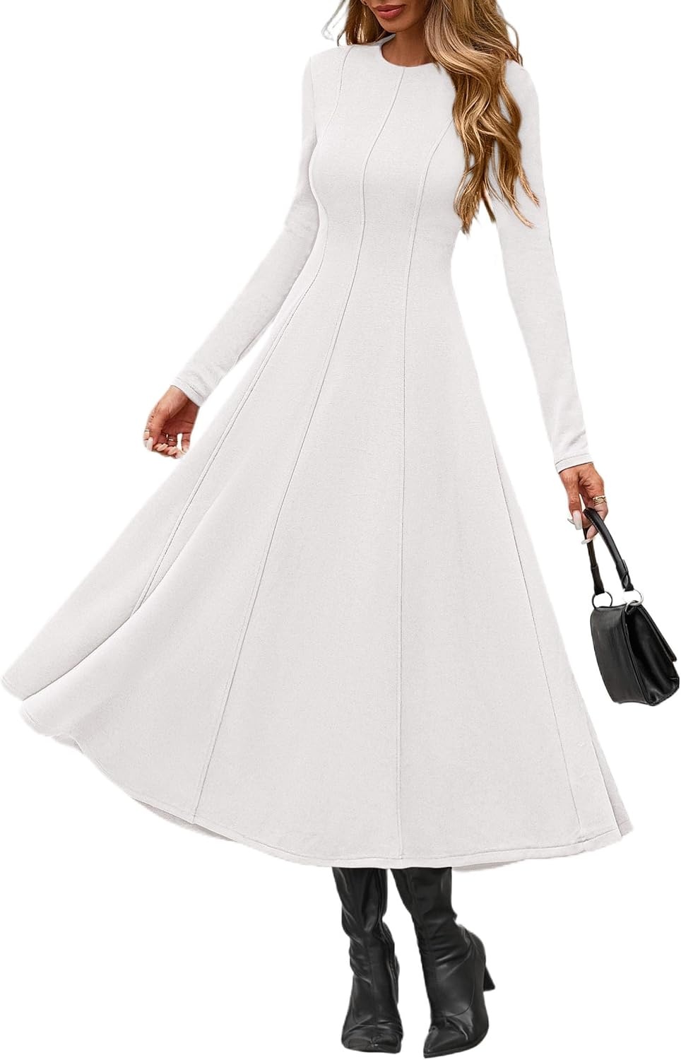 image:imagePRETTYGARDEN Womens Fall Long Sleeve A Line Midi Elegant Cocktail DressWhite
