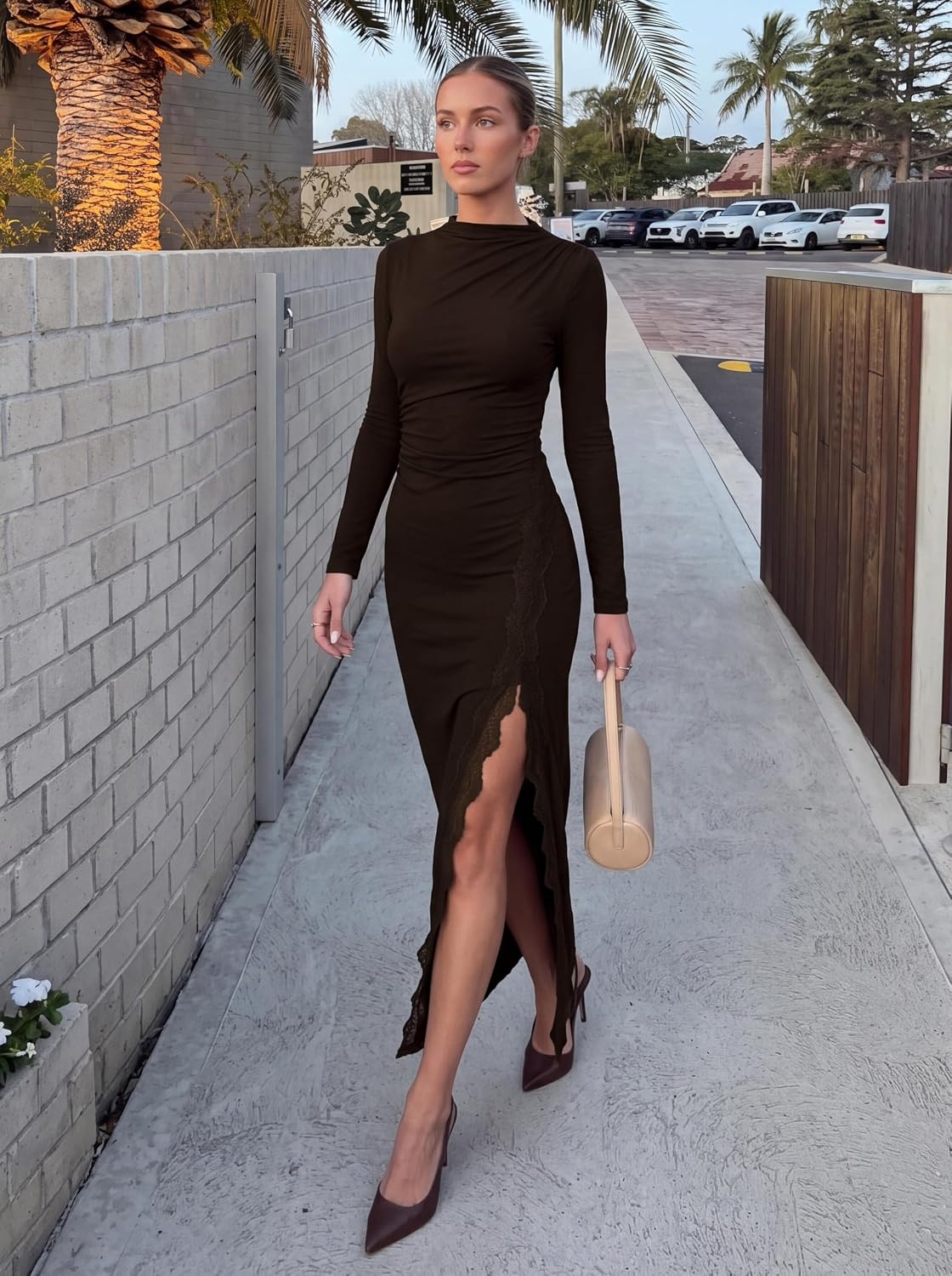image:imagePRETTYGARDEN Womens Long Sleeve Wedding Guest Dress Fall Ruched Maxi DressCoffee