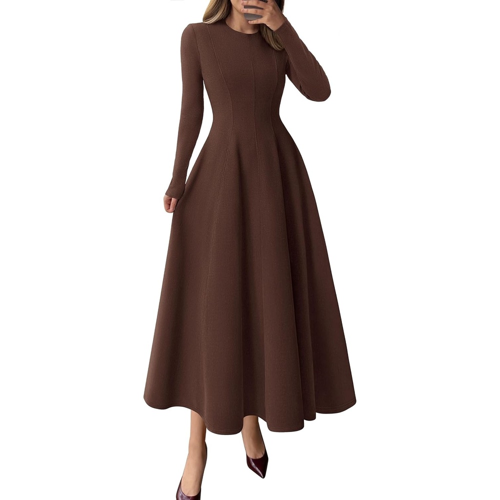 image:imagePRETTYGARDEN Womens Fall Long Sleeve A Line Midi Elegant Cocktail DressBrown