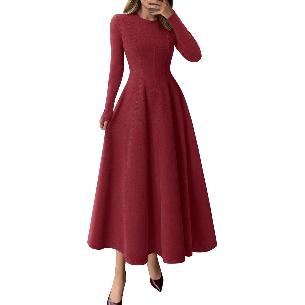 image:imagePRETTYGARDEN Womens Fall Long Sleeve A Line Midi Elegant Cocktail DressBurgundy
