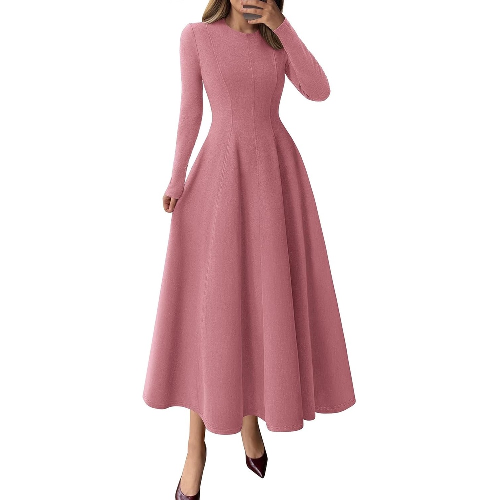 image:imagePRETTYGARDEN Womens Fall Long Sleeve A Line Midi Elegant Cocktail DressPink