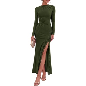 PRETTYGARDEN Women’s Long Sleeve Wedding Guest Dress Fall Ruched Maxi Dress(Army Green)