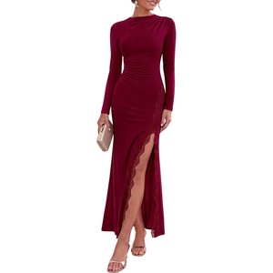 PRETTYGARDEN Women’s Long Sleeve Wedding Guest Dress Fall Ruched Maxi Dress(Burgundy)