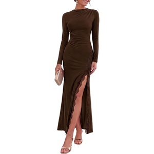 PRETTYGARDEN Women’s Long Sleeve Wedding Guest Dress Fall Ruched Maxi Dress(Coffee)